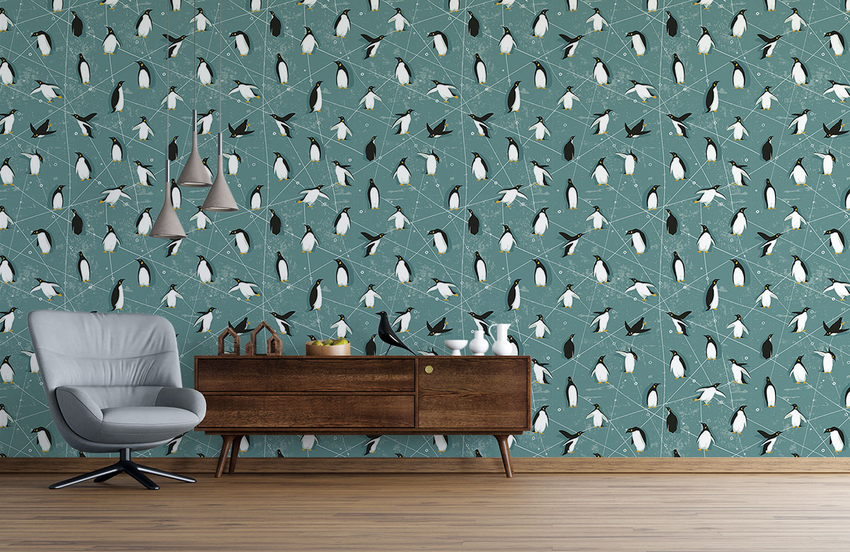 teal-animals-design-Seamless design repeat pattern wallpaper-with-chair
