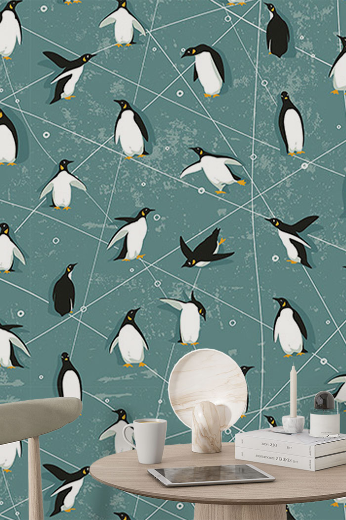 teal-animals-Seamless design repeat pattern wallpaper-with-side-table