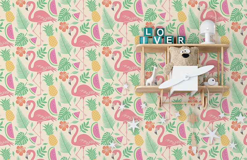 flamingo-watermelon-pineapple-wallpaper-with-side-table