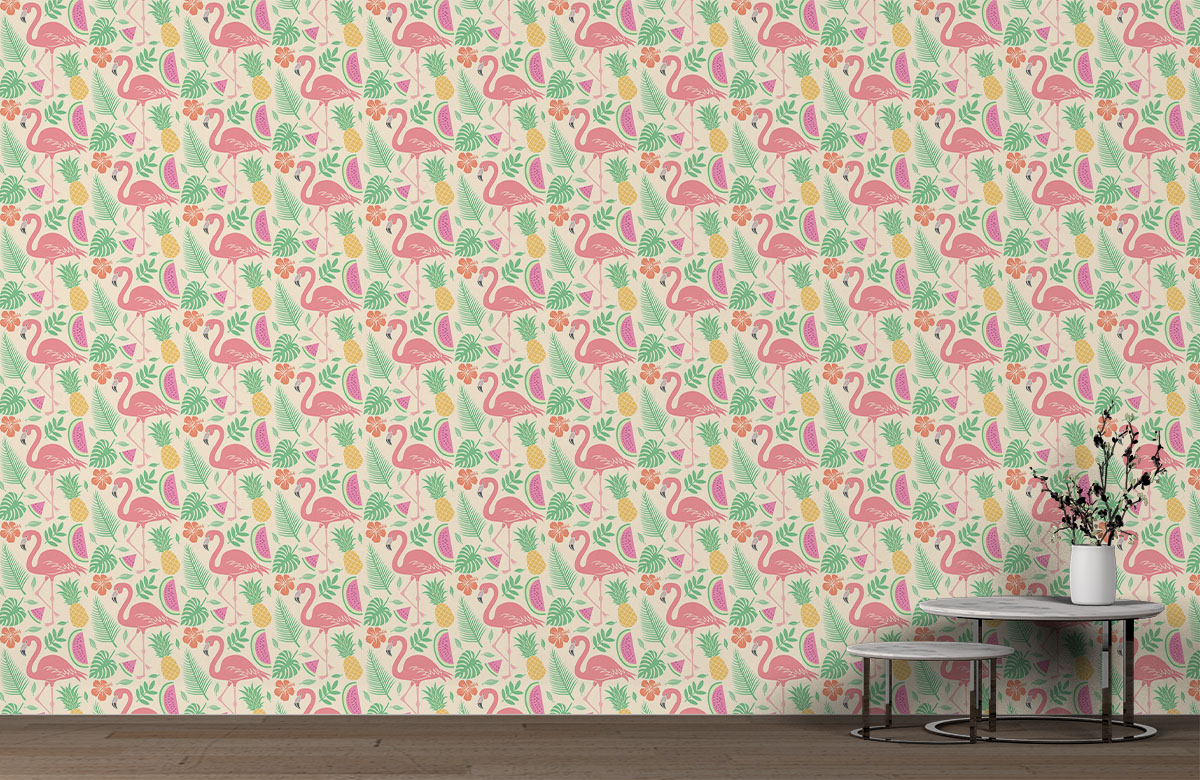 flamingo-watermelon-pineapple-wallpaper-on-large-wall