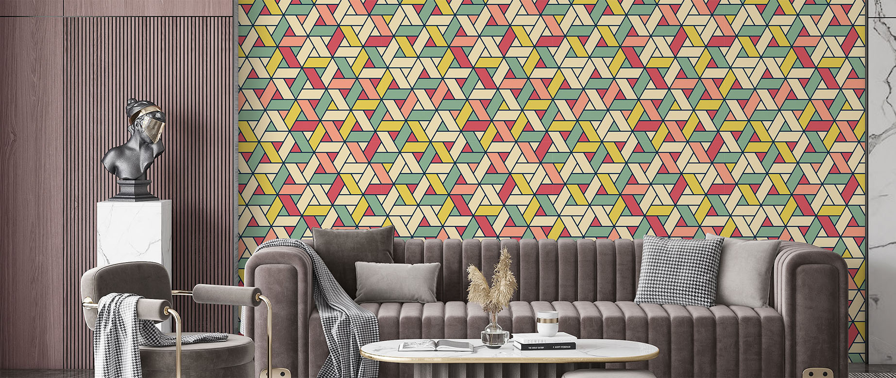 beige-geometric-design-Seamless design repeat pattern wallpaper-in-wide-room