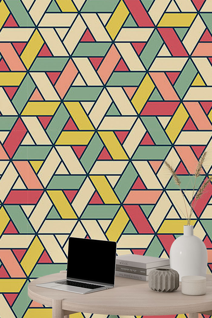 beige-geometric-Seamless design repeat pattern wallpaper-with-side-table