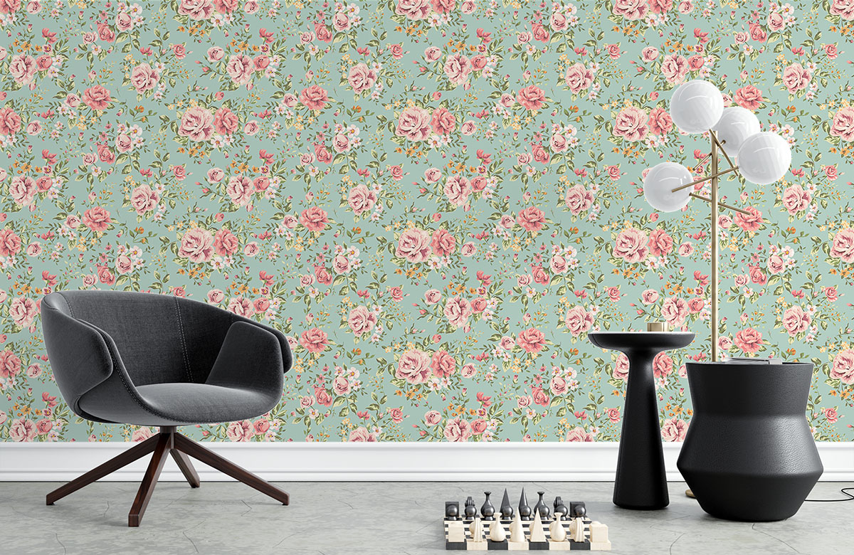 green -rose-design-Singular design large mural-with-chair