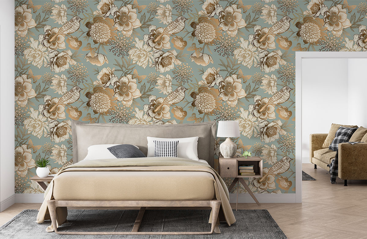 golden-birds-and-butterflies-with-flowers-wallpapers-in-front-of-bed