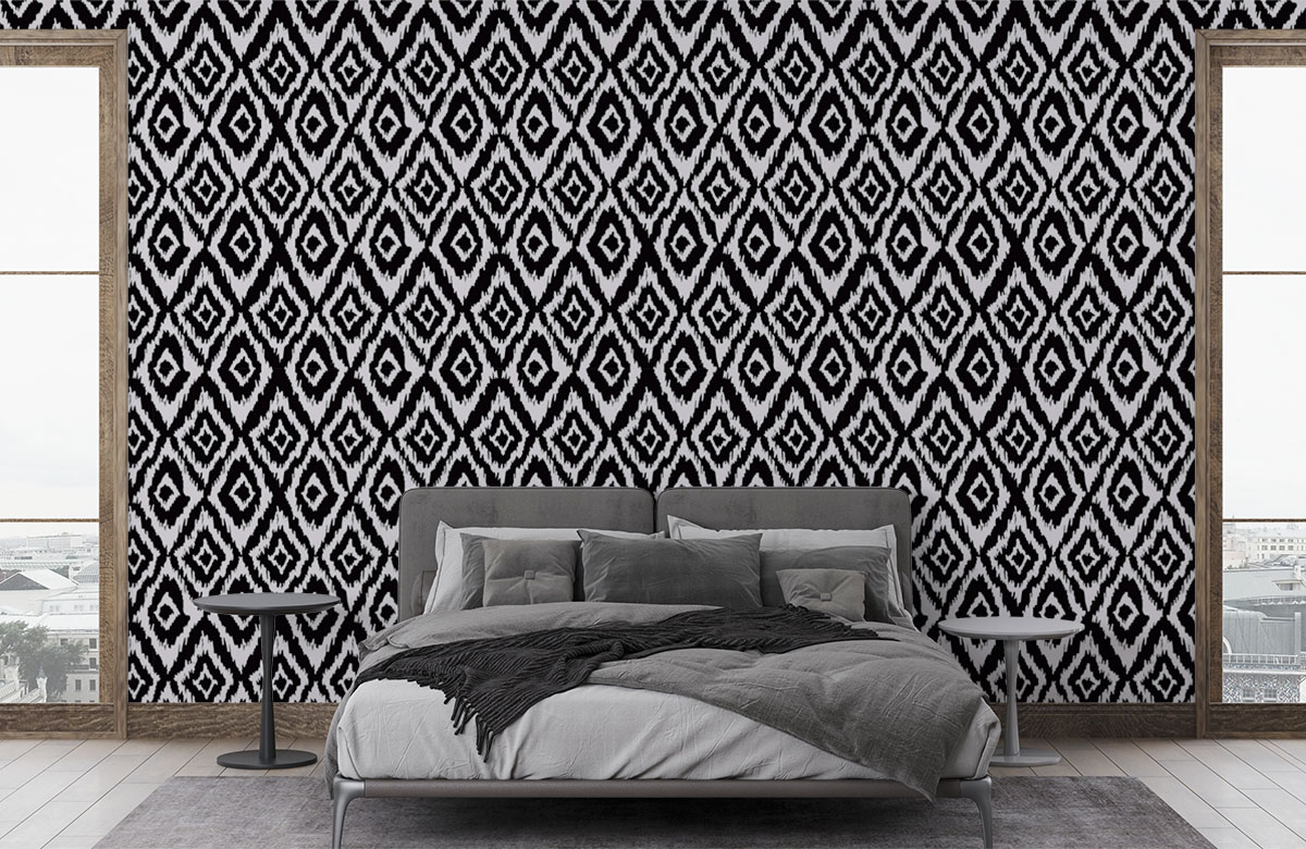 aztec-style-ikat-pattern-wallpapers-in-front-of-bed