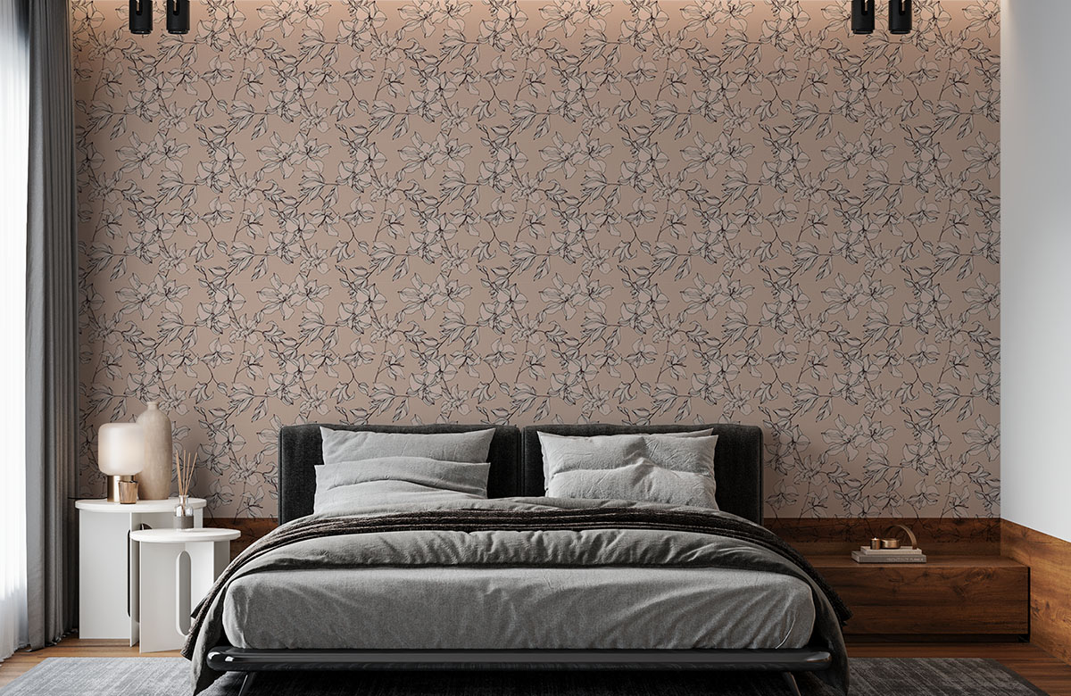 peach-floral-orchid-pattern-wallpapers-in-front-of-bed