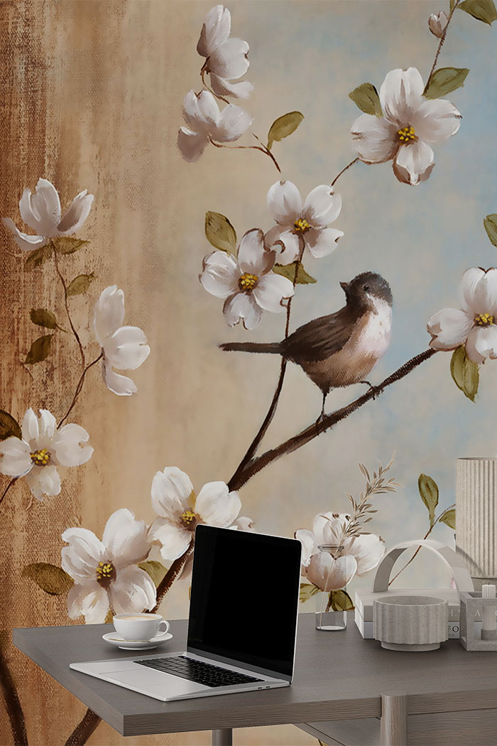 Brown-sparrow-Singular design large mural-with-side-table