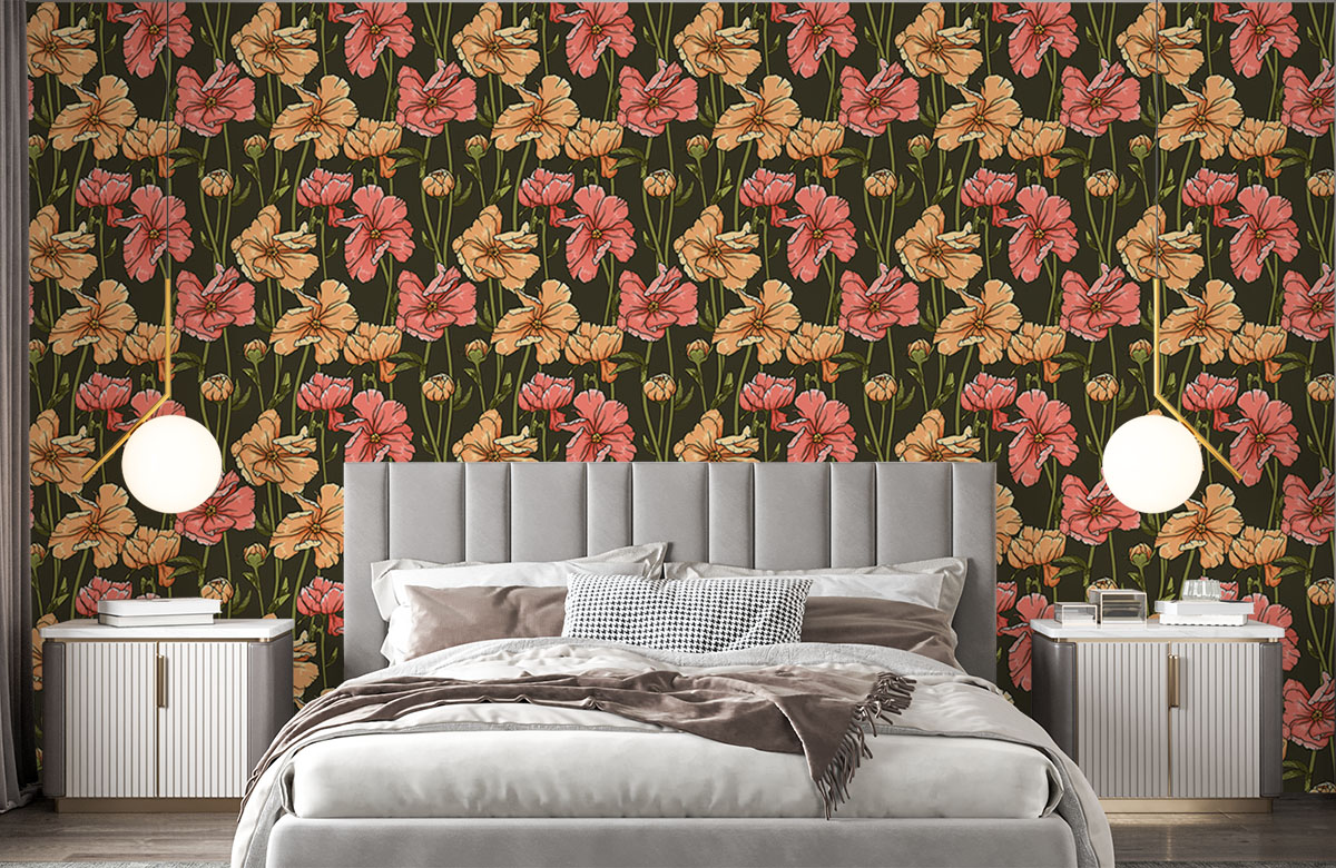 orange-red-hibiscus-pattern-wallpapers-in-front-of-bed
