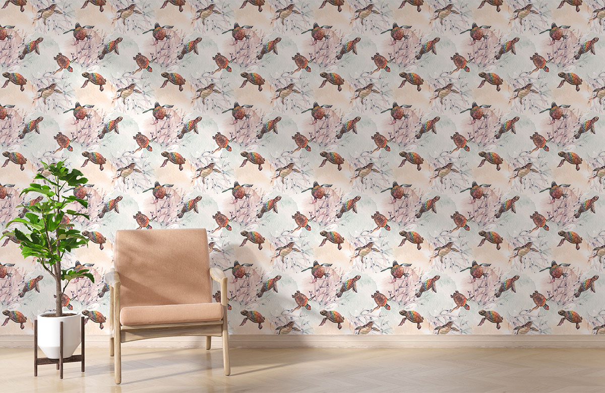 peach-turtle-design-Singular design large mural-with-chair