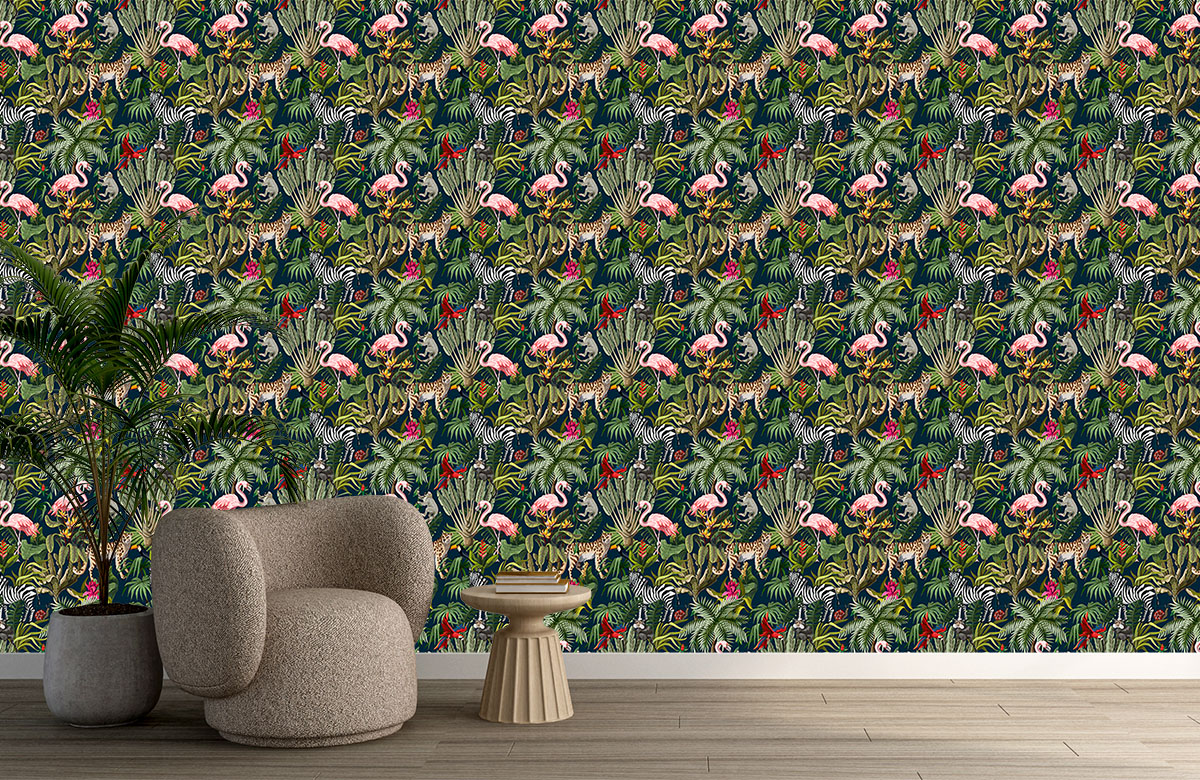green-chinoiserie-design-Singular design large mural-with-chair