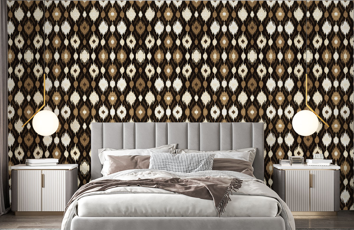 dark-geometric-ikat-repeat-pattern-wallpapers-in-front-of-bed