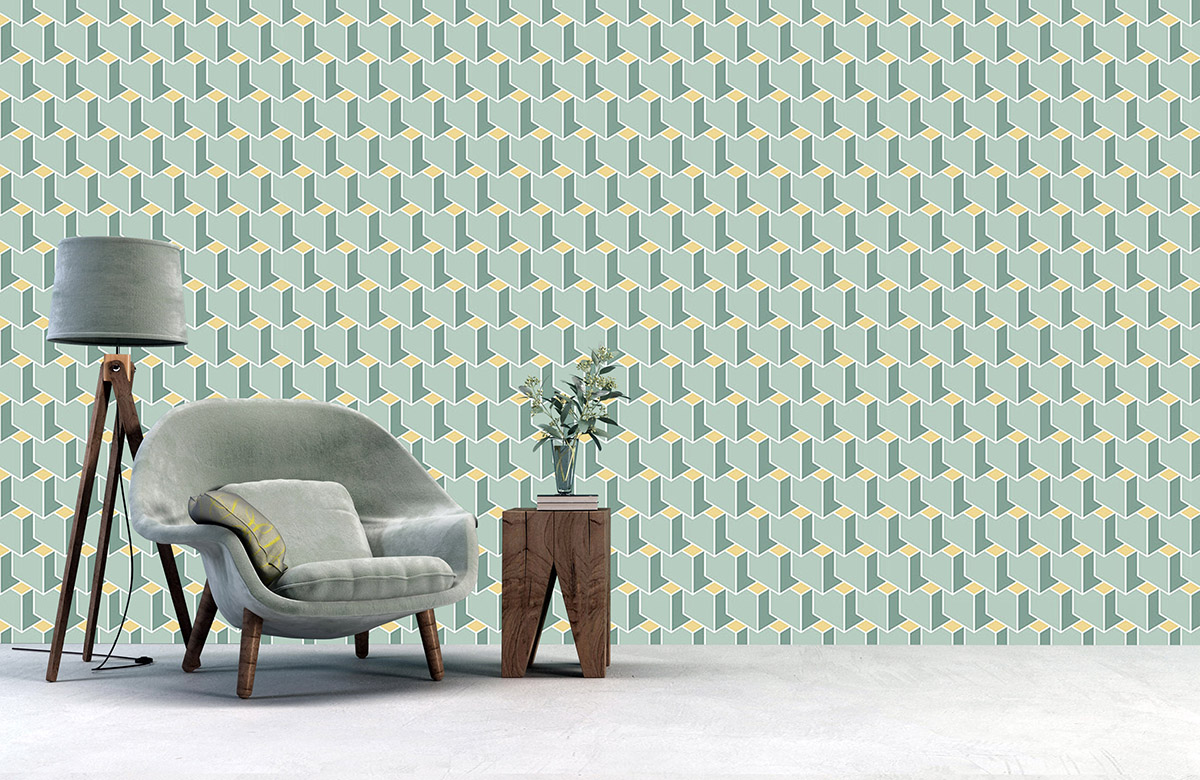 green-cube-design-Seamless design repeat pattern wallpaper-with-chair