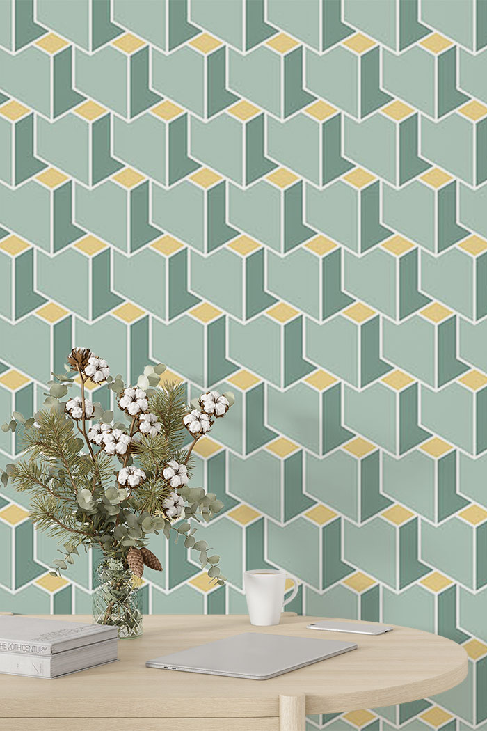 green-cube-Seamless design repeat pattern wallpaper-with-side-table