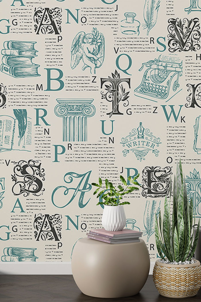 white-alphabet-Seamless design repeat pattern wallpaper-with-side-table