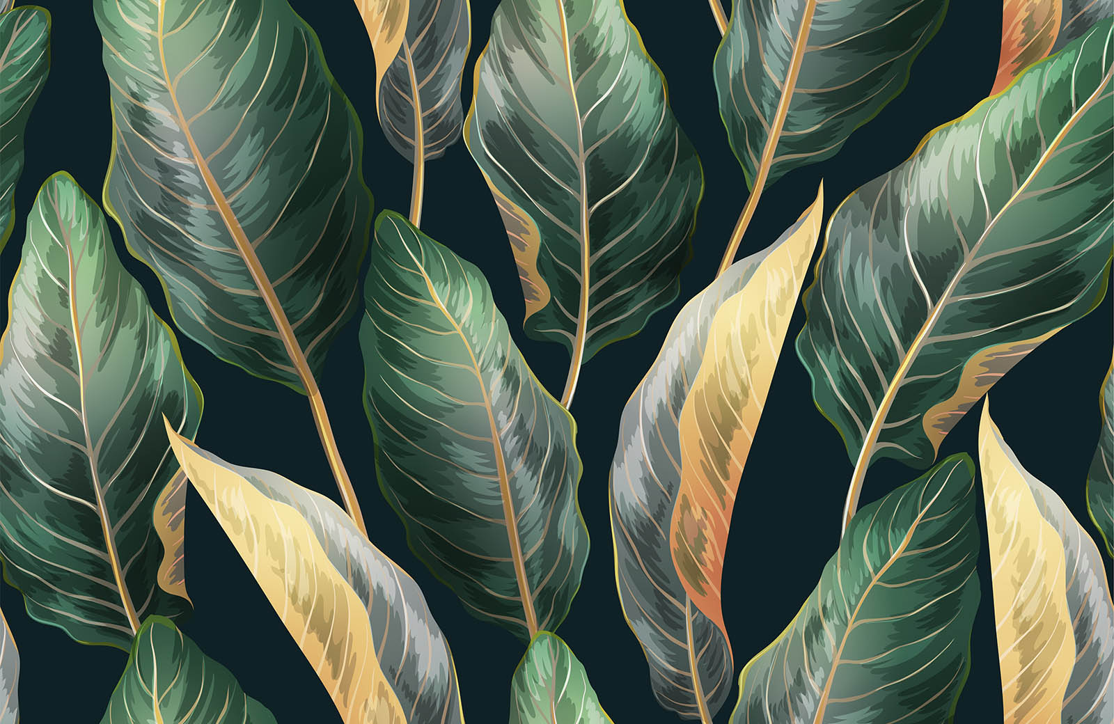 golden-green-leaves-in-dark-background-wallpaper-design