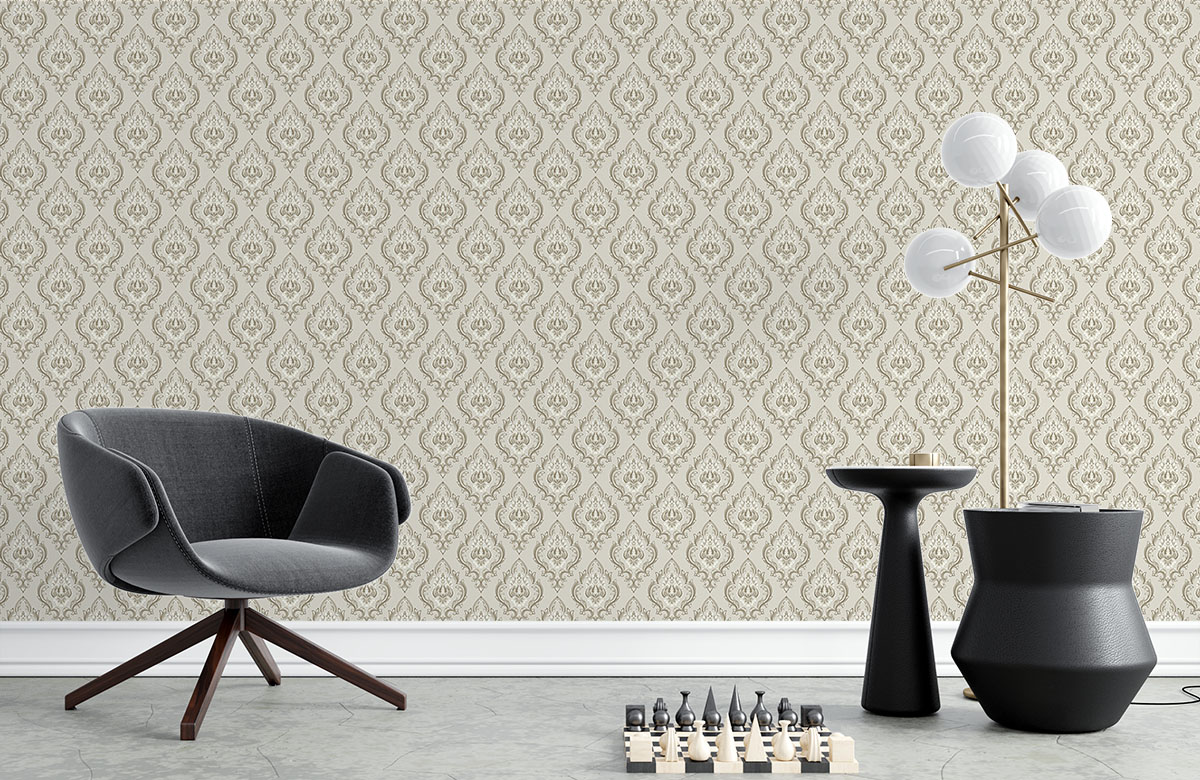 beige-damask-design-Singular design large mural-with-chair