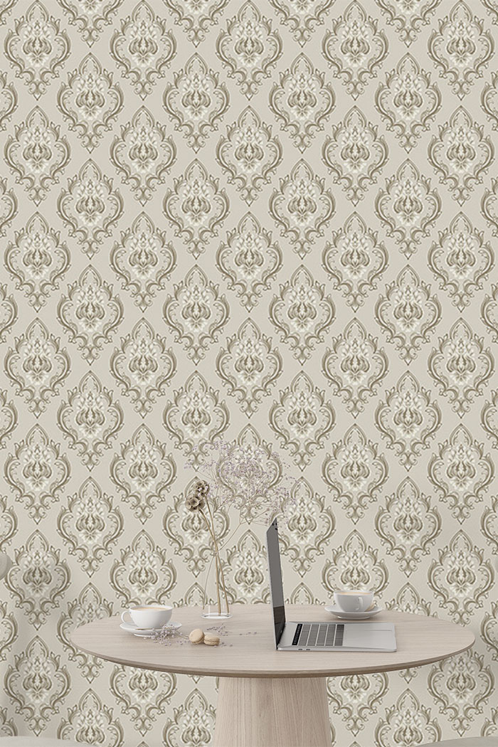 beige-damask-Singular design large mural-with-side-table