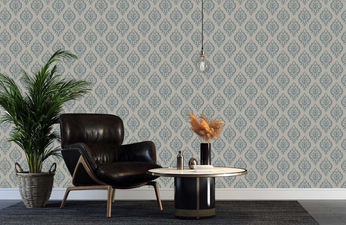 blue-damask-design-Singular design large mural-with-chair