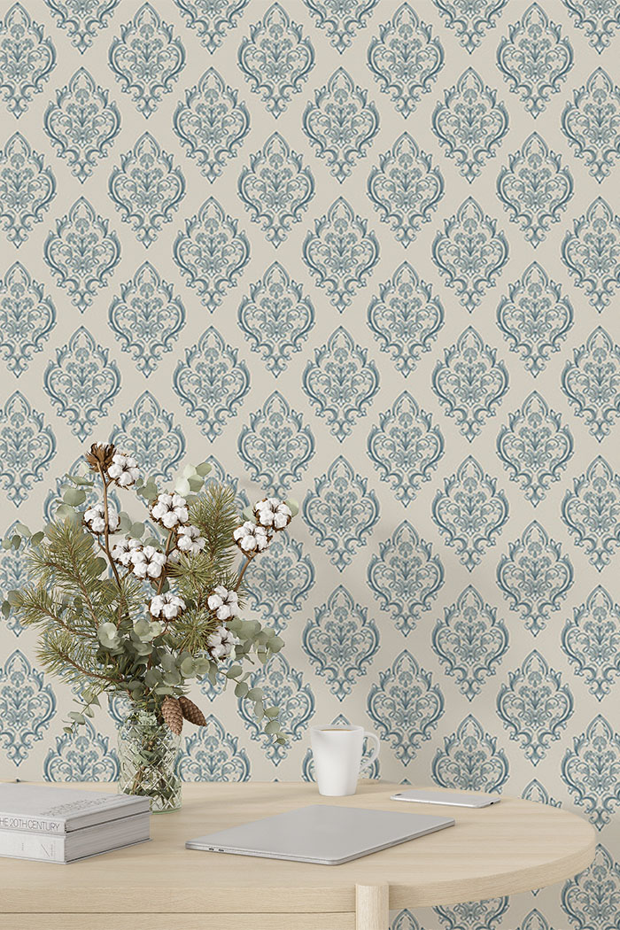 blue-damask-Singular design large mural-with-side-table
