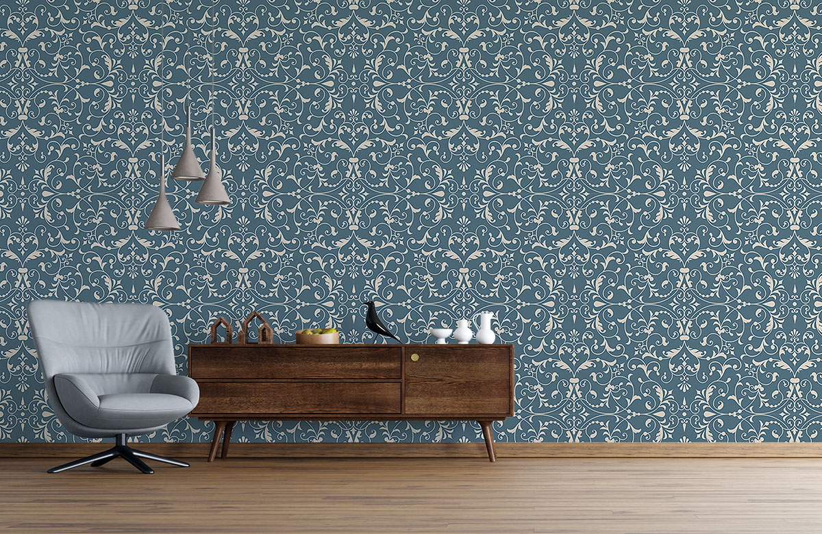 blue-damask-design-Singular design large mural-with-chair