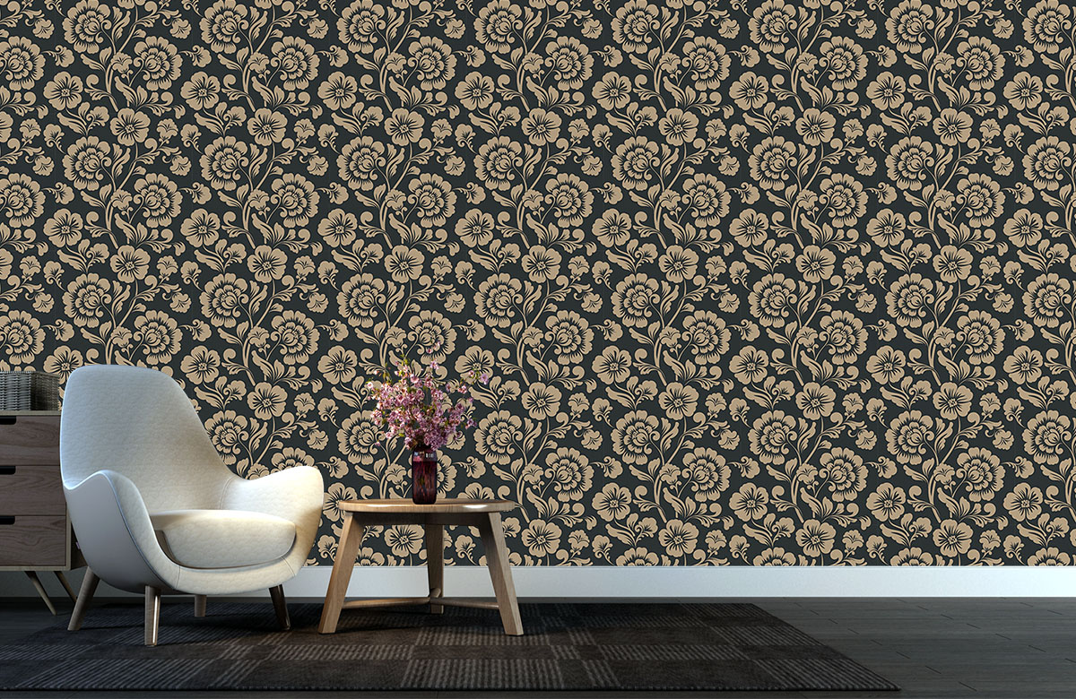 gold-floral-design-Singular design large mural-with-chair