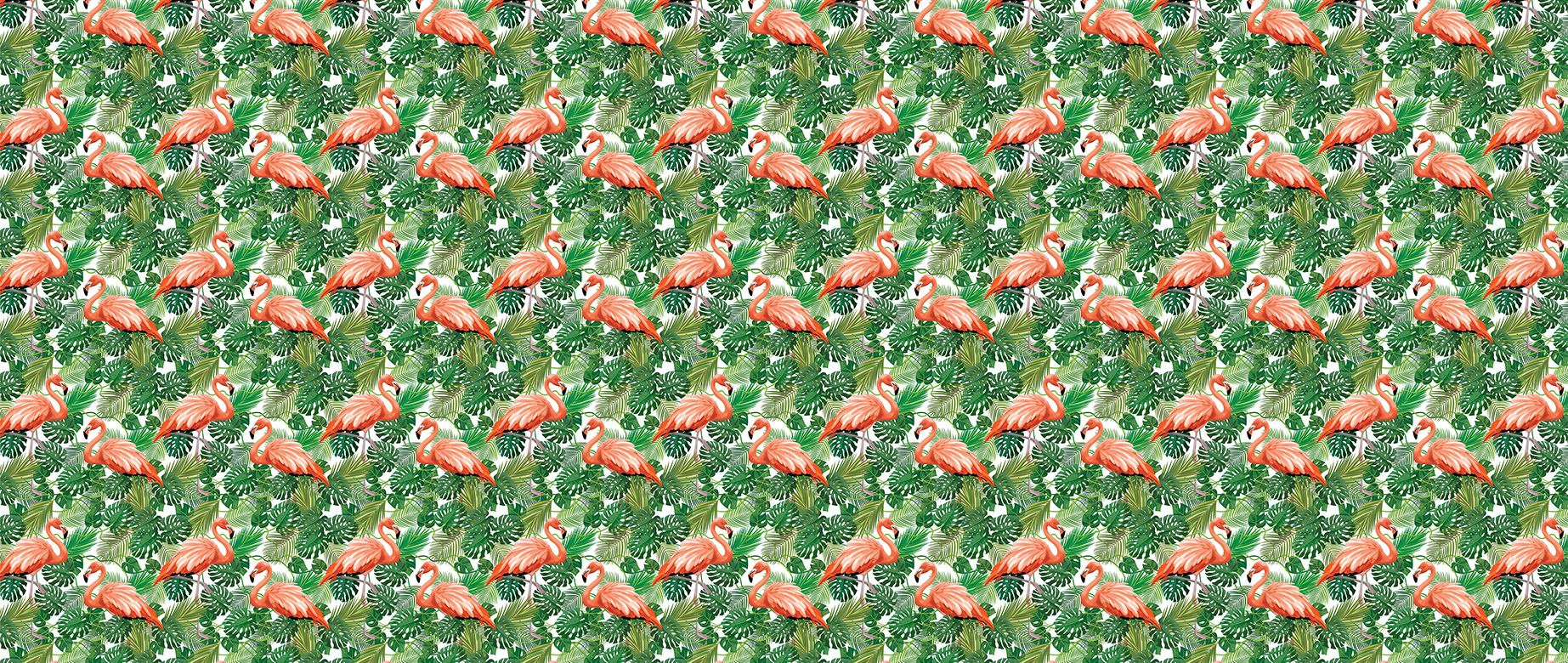 pink-flamingos-in-green-leaves-pattern-wallpapers-full-wide-view