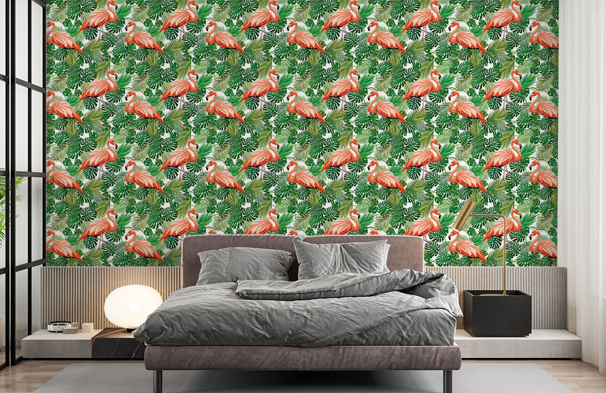 pink-flamingos-in-green-leaves-pattern-wallpapers-in-front-of-bed