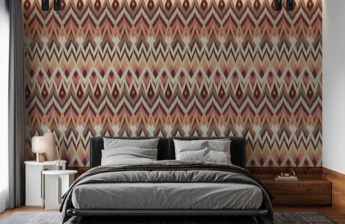 pastel-geometric-ikat-pattern-wallpapers-in-front-of-bed