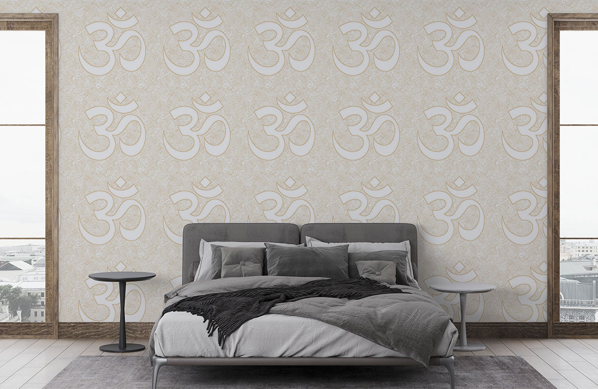 golden-om-on-paisley-design-wallpapers-in-front-of-bed