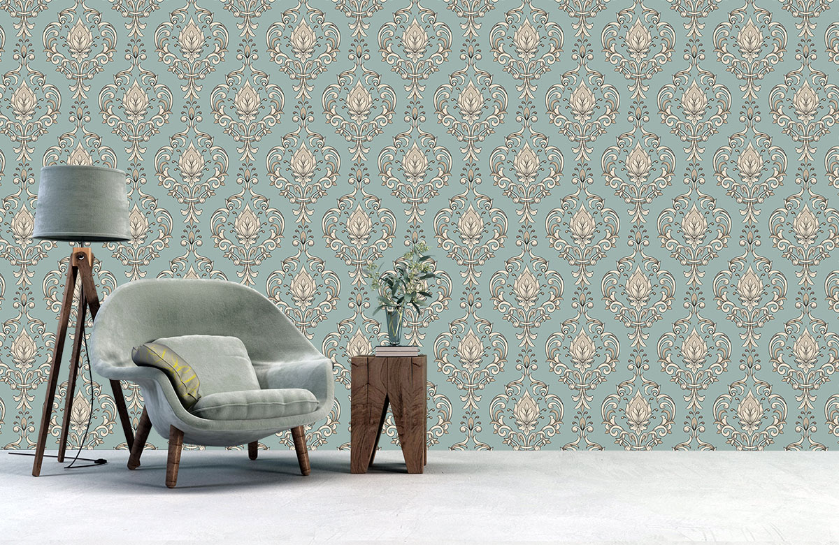 teal-damask-design-Singular design large mural-with-chair