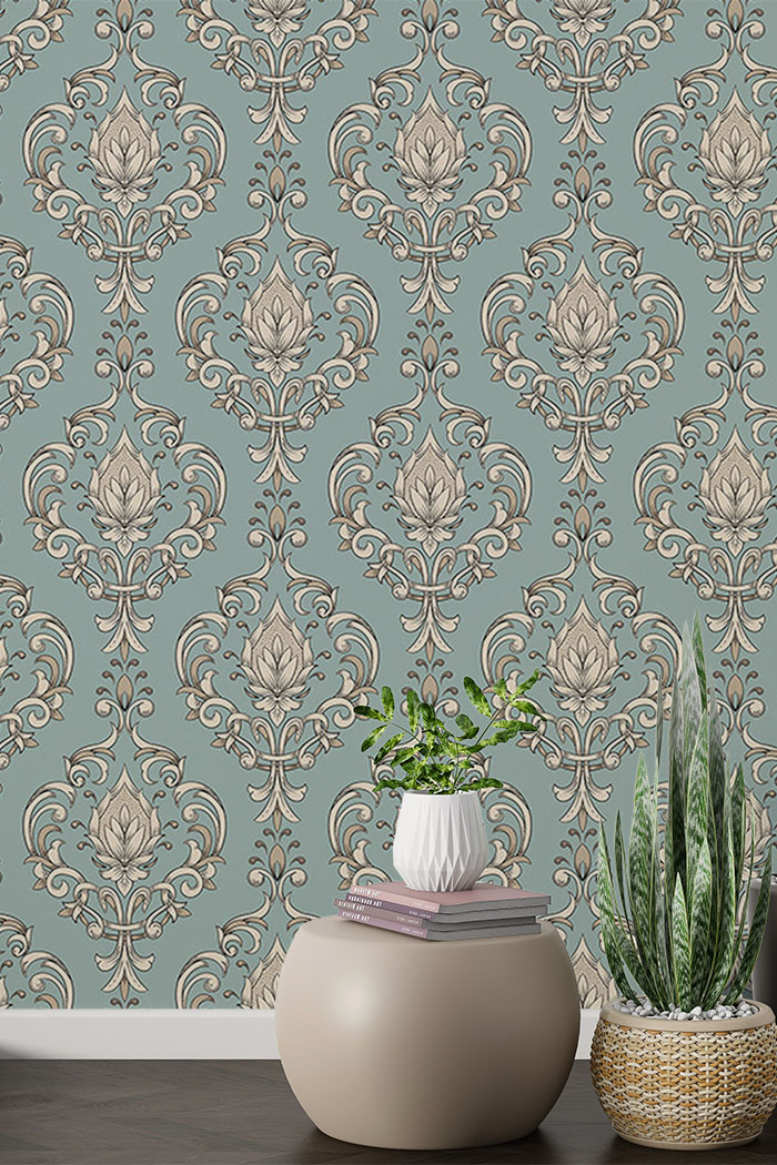 teal-damask-Singular design large mural-with-side-table