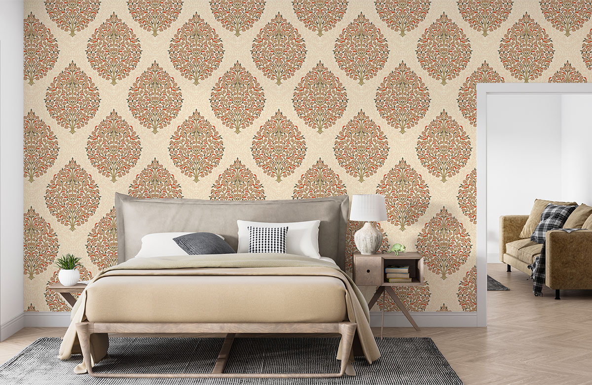 artistic-floral-plant-design-in-beige-wallpapers-in-front-of-bed