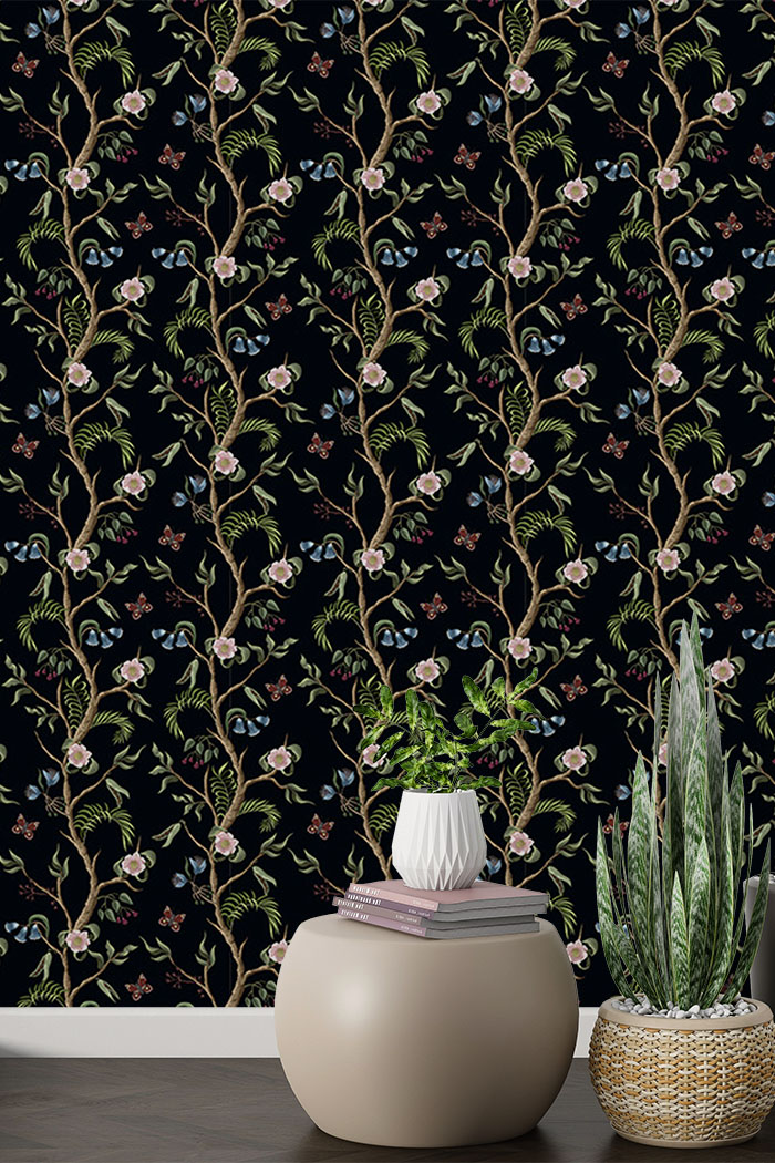black-chinoiserie-Singular design large mural-with-side-table