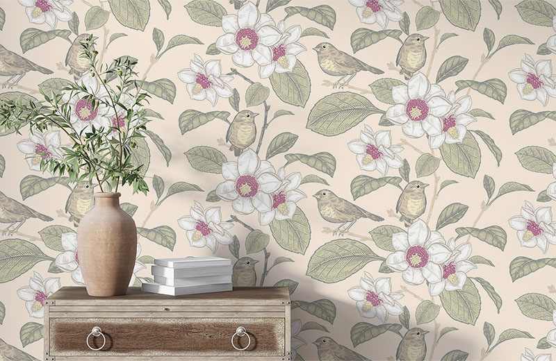 daffodil-vine-sparrow-wallpaper-with-side-table