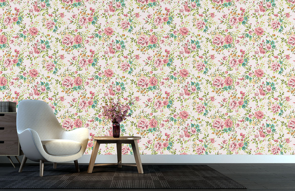 peach-rose-design-Singular design large mural-with-chair