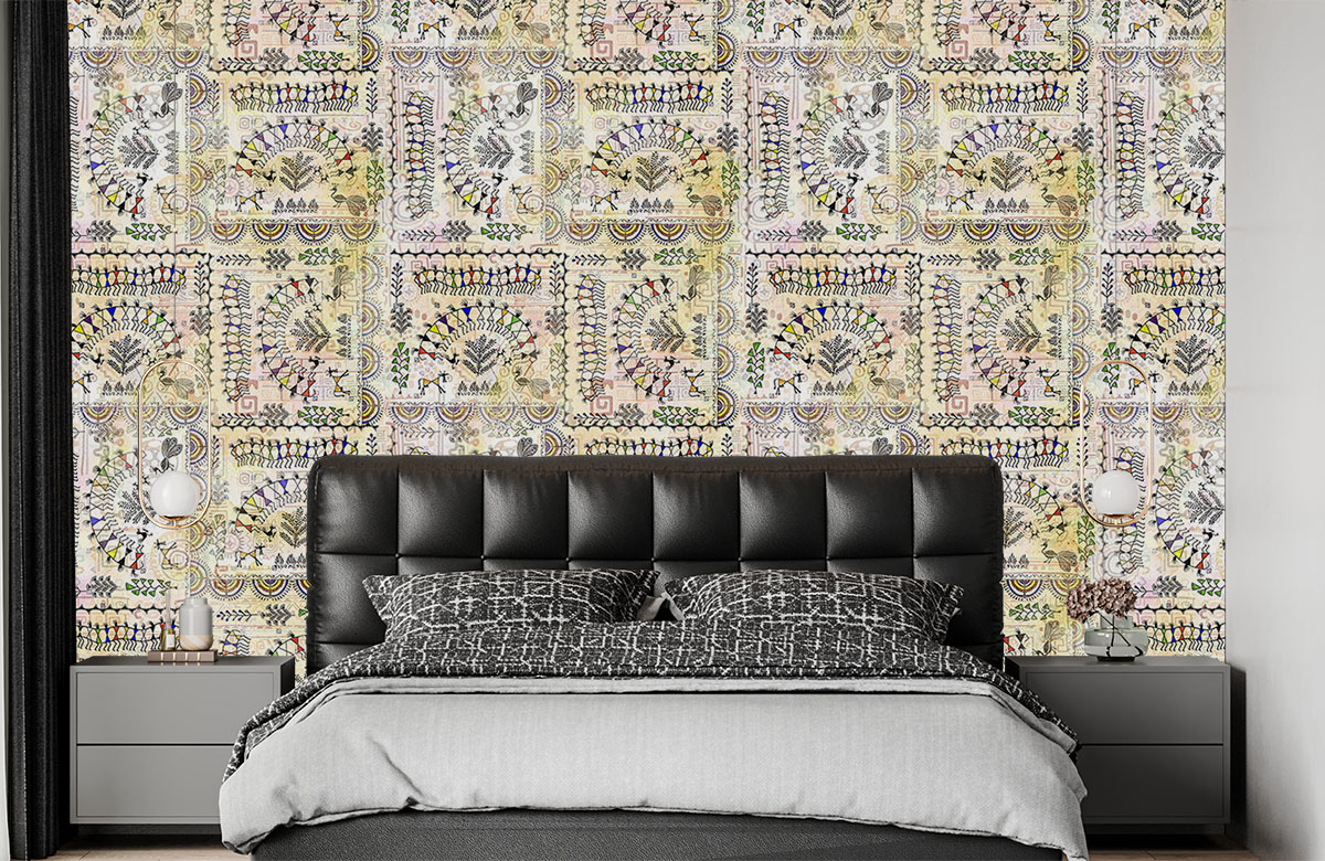 warli-design-with-floral-pattern-wallpapers-in-front-of-bed