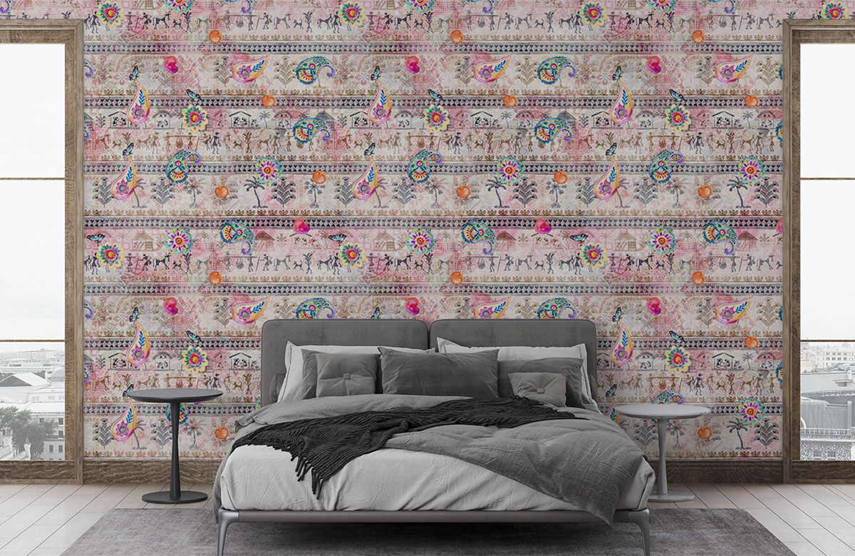 warli-design-with-paisley-pattern-wallpapers-in-front-of-bed
