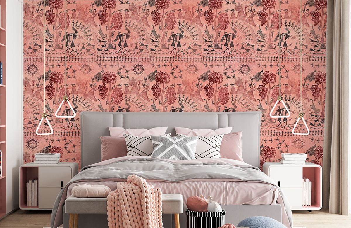 warli-community-in-the-forest-wallpapers-in-front-of-bed
