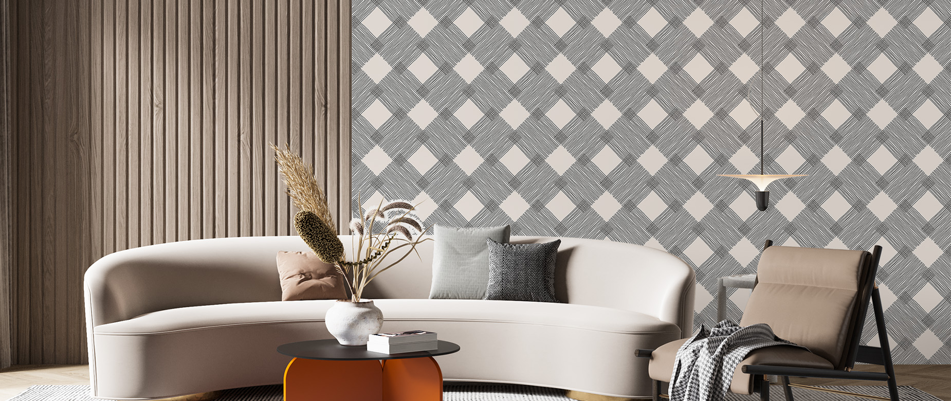 beige-square-design-Seamless design repeat pattern wallpaper-in-wide-room