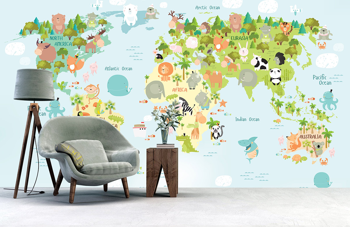 World Map Kids Wallpaper - Perfect for a Fun and Educational Bedroom