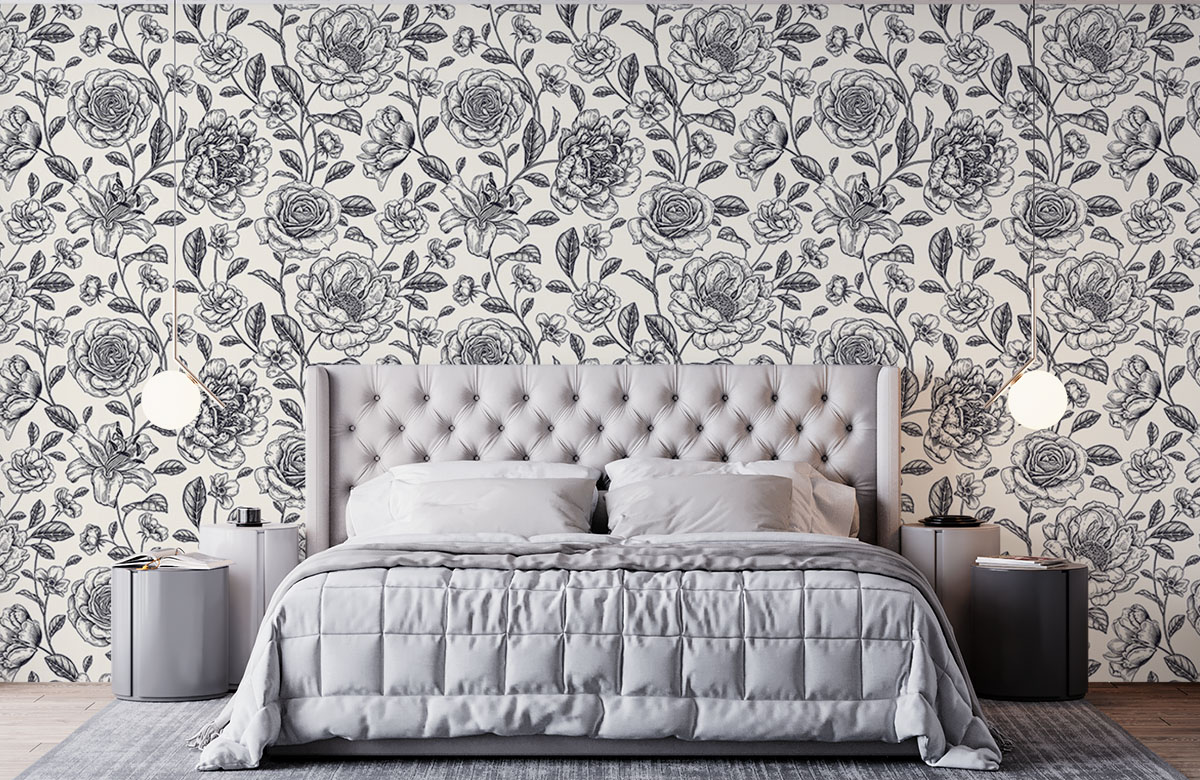 pencil-sketch-of-roses-and-peonies-wallpapers-in-front-of-bed