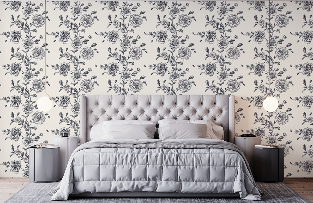 pencil-sketch-of-vine-of-roses-and-peonies-wallpapers-in-front-of-bed