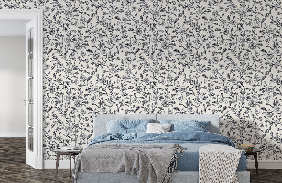 small-floral-vine-pencil-sketch-design-wallpapers-in-front-of-bed