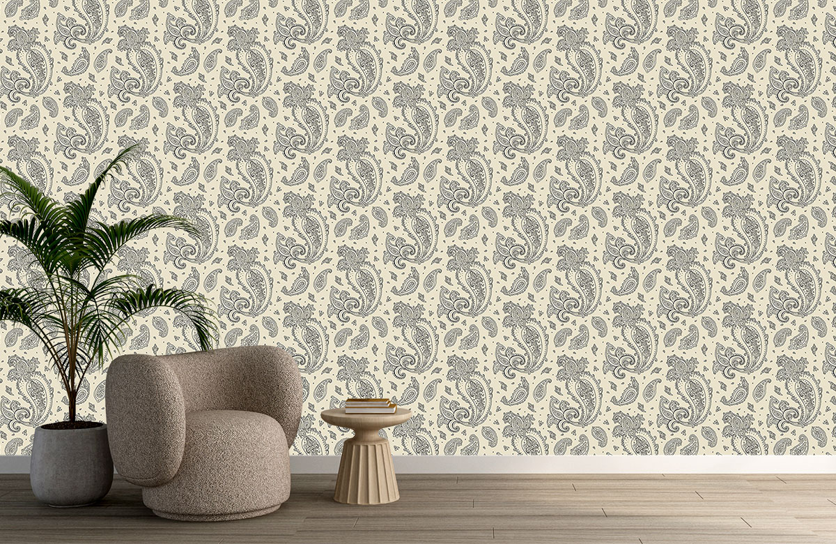 cream-paisley-design-Singular design large mural-with-chair