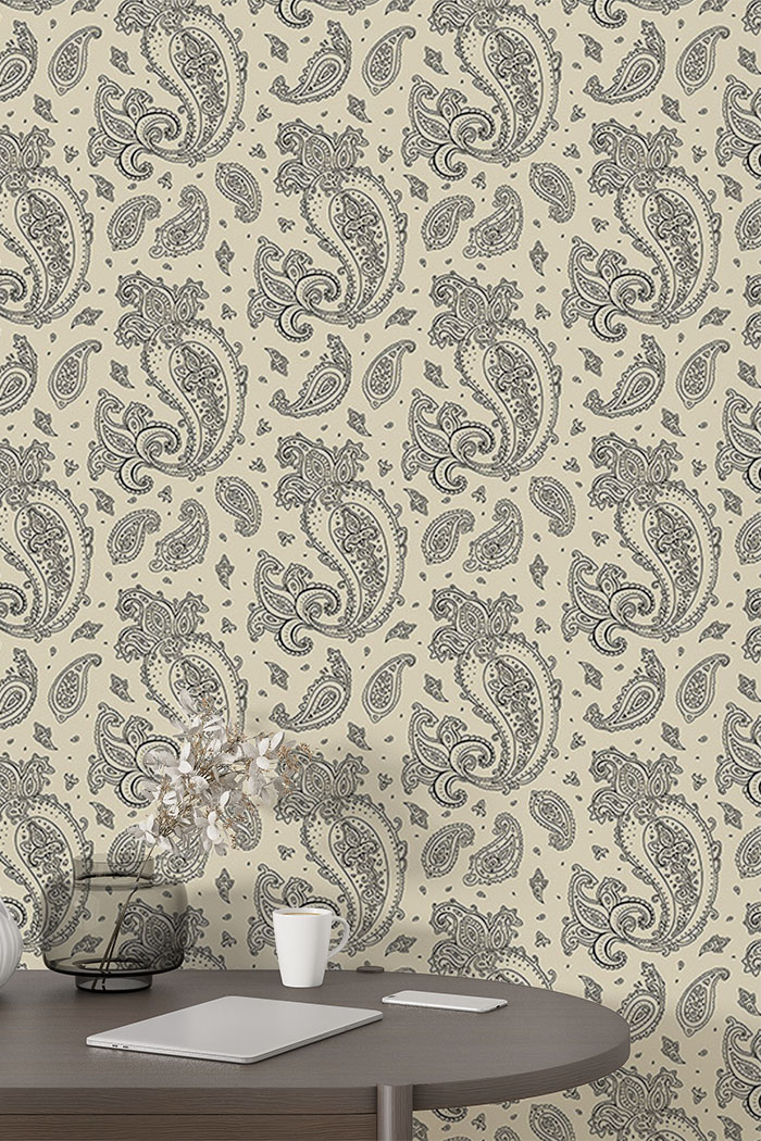 cream-paisley-Singular design large mural-with-side-table