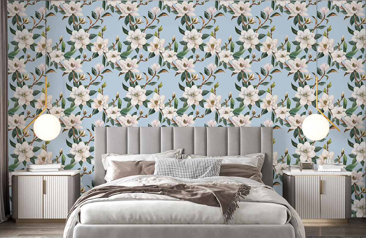 hand-drawn-blue-watercolour-magnolia-flowers-wallpapers-in-front-of-bed