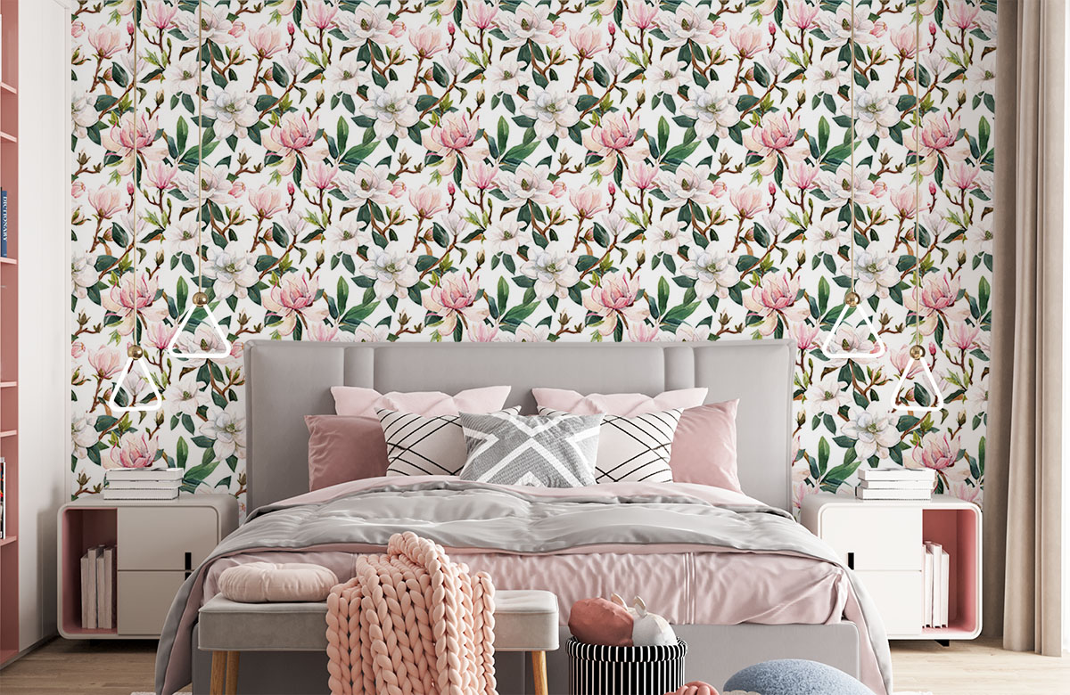 hand-drawn-pink-white-magnolia-flowers-wallpapers-in-front-of-bed