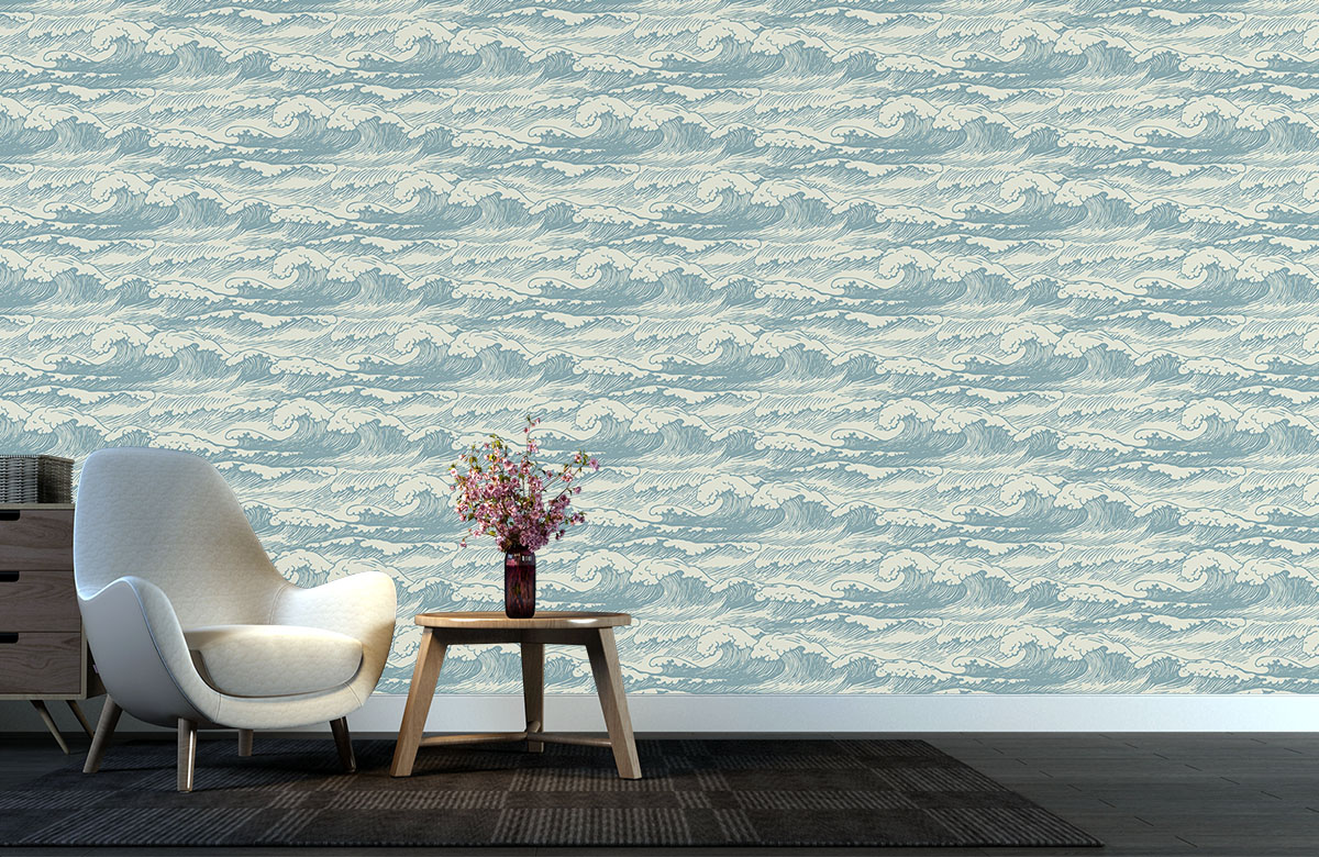 blue-waves-design-Seamless design repeat pattern wallpaper-with-chair