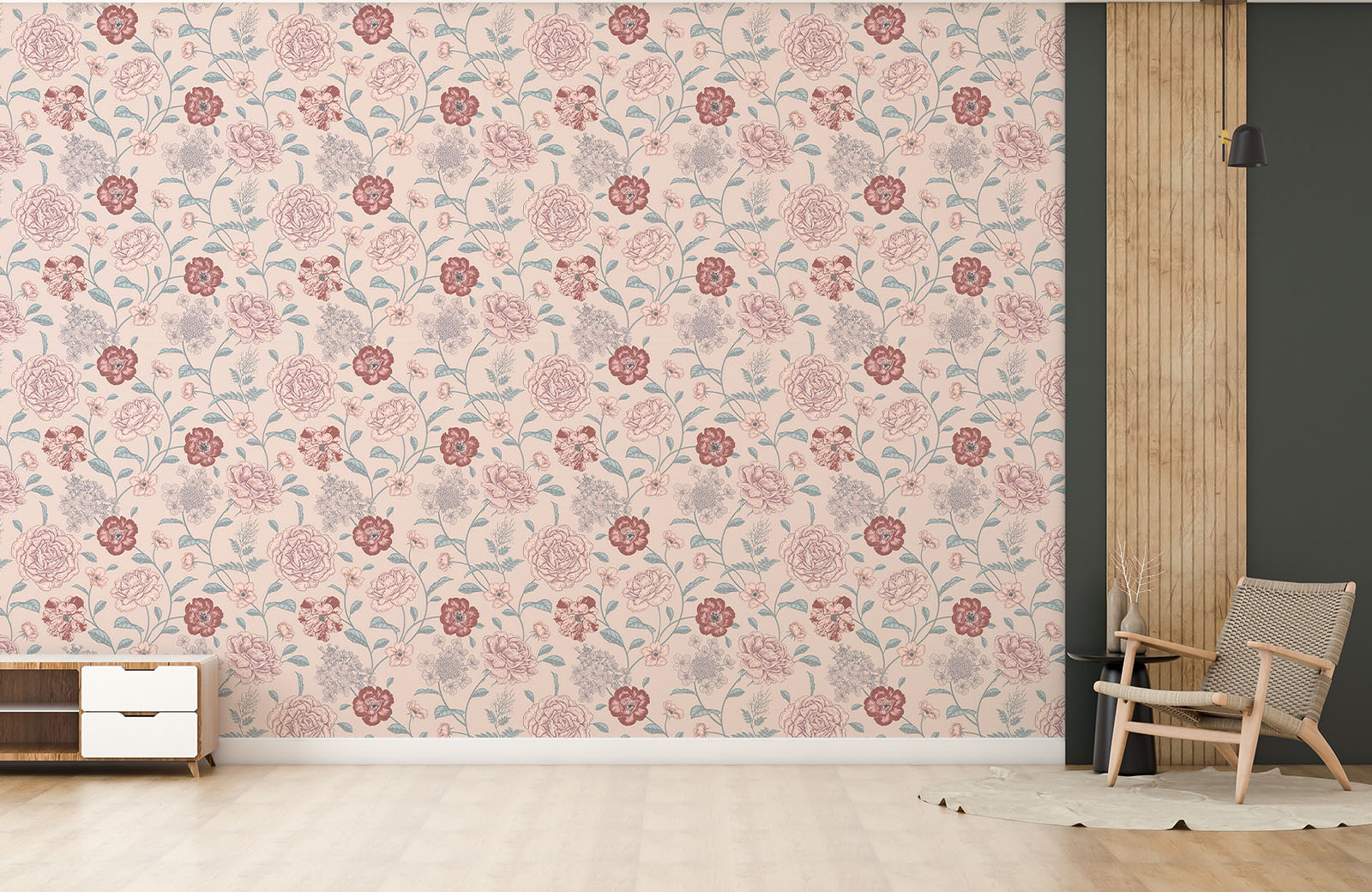 large-and-small-flowers-with-leaves-wallpaper-with-chair