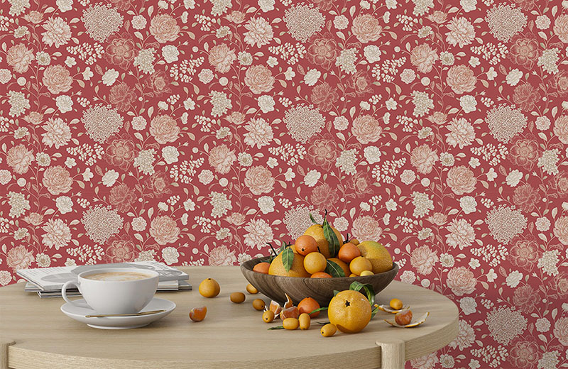 bunch-of-flowers-and-leaves-wallpaper-with-side-table